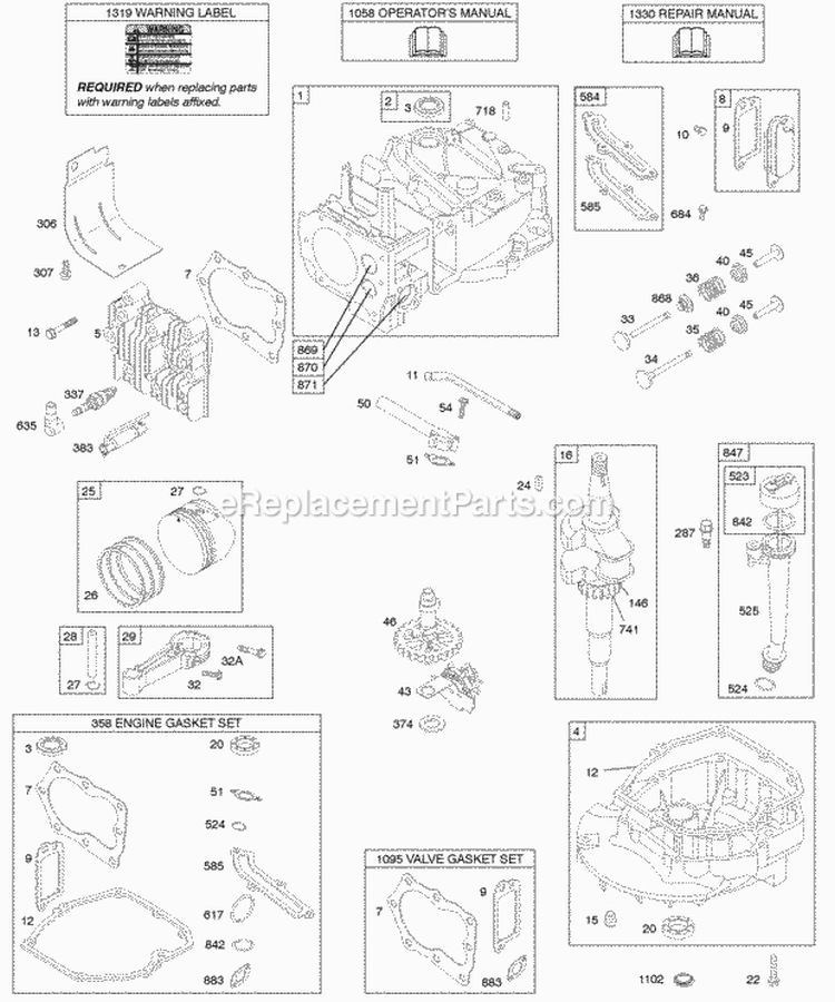 Camshaft Crankshaft Cylinder Engine Sump Lubrication Piston Group Valves Diagram and Parts List for 120L02-1068-F1  Briggs and Stratton Engine